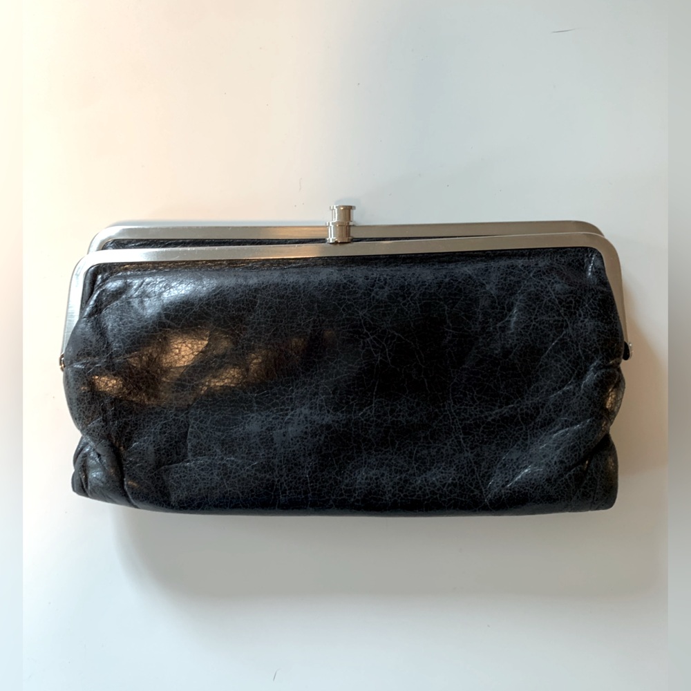 HOBO Black Leather Magnetic Snap Wallet Clutch with floral interior